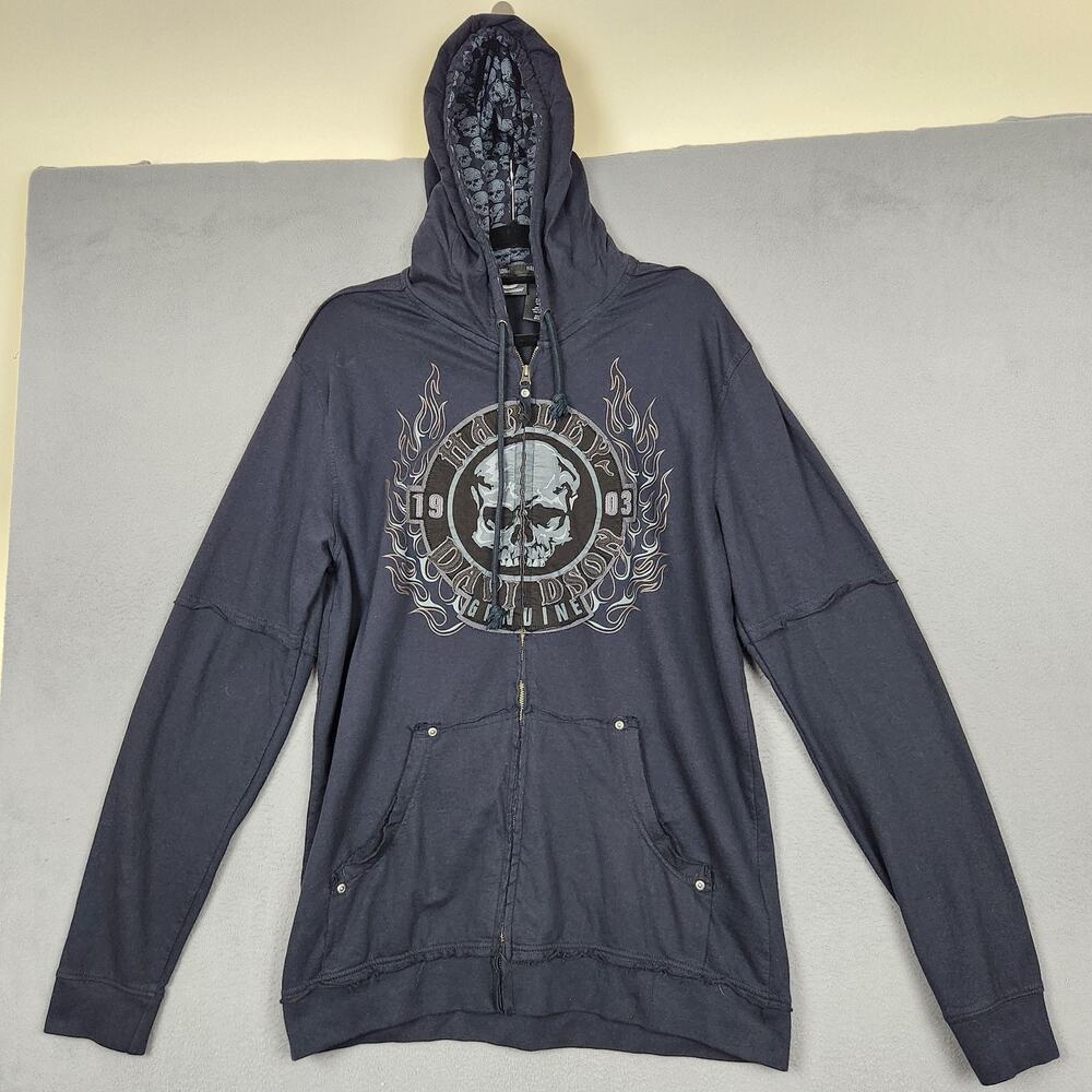 HARLEY DAVIDSON Hoodie Mens Large Skull Flame Full Zip Sweatshirt Biker 2010s